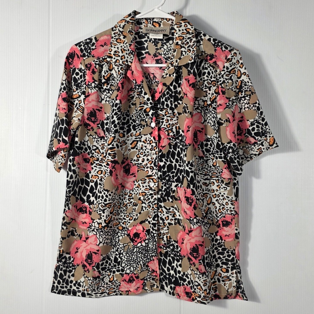 Donnkenny Classics Pink Floral Leopard Print Button Up Blouse Small 15523627R
